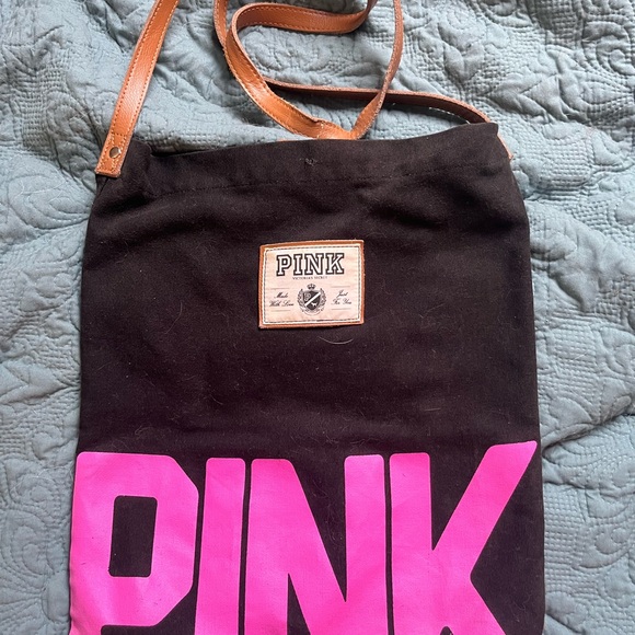 PINK Victoria's Secret Black Tote with Pink Logo and Tan Straps - Picture 1 of 2
